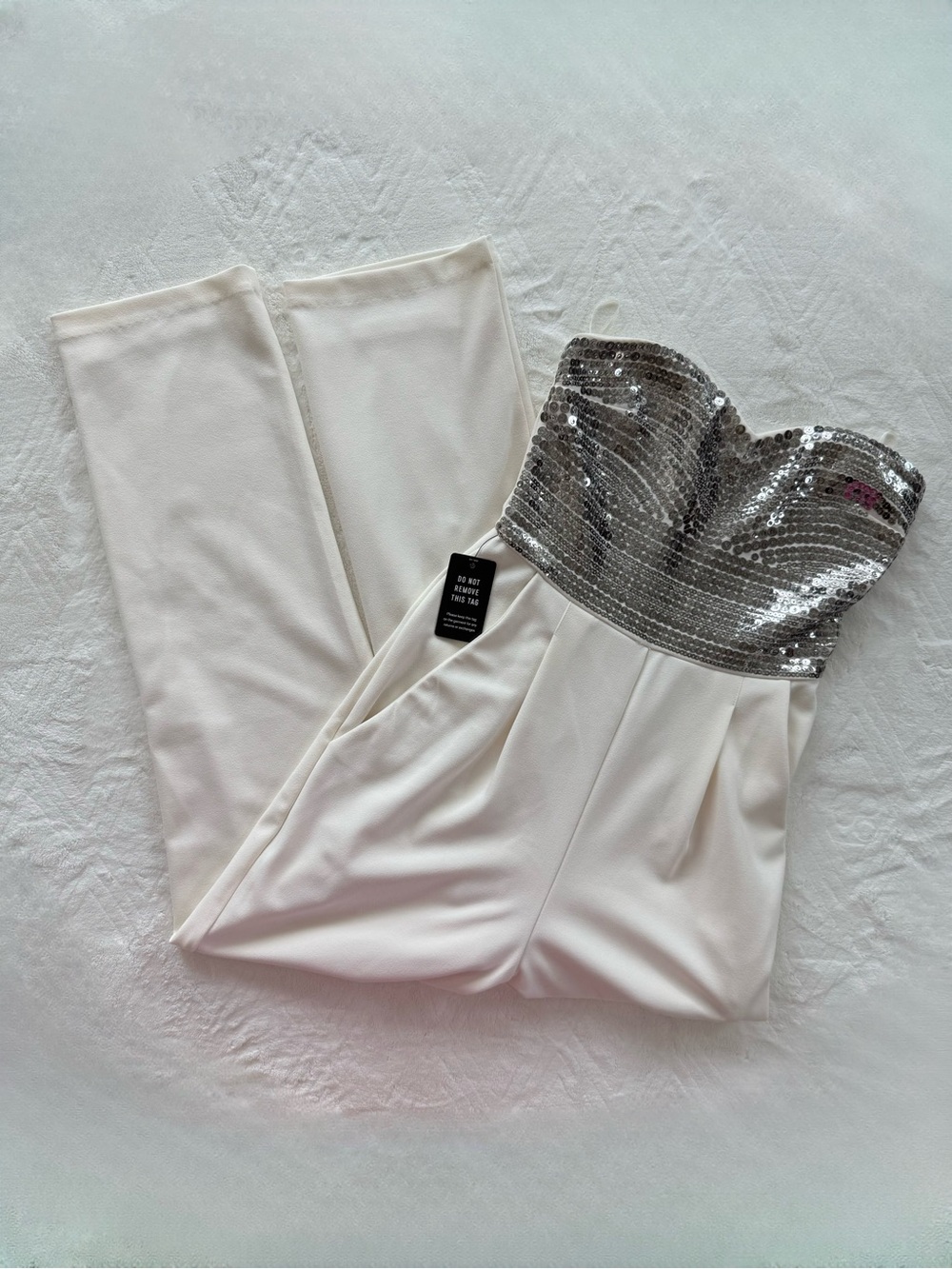 Express Strapless White Jumpsuit with Silver Sequin Bodice